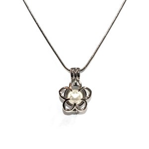 Pick A Pearl Flower Cage Necklace Silver Plumeria Outline Charm Holds a Pearl Bead Gem 18 Silver Necklace image 9