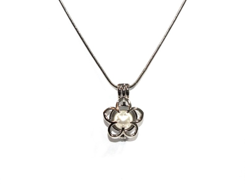 Pick A Pearl Flower Cage Necklace Silver Plumeria Outline Charm Holds a Pearl Bead Gem 18 Silver Necklace image 9