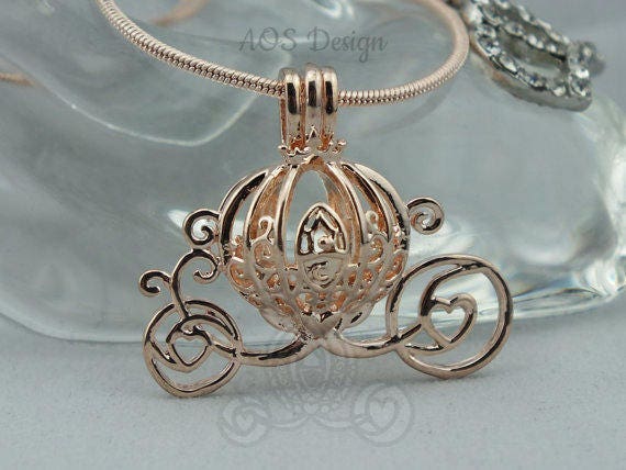 Cinderella Necklace Carriage Charm Pearl Cage Rose Gold Plated Charm 