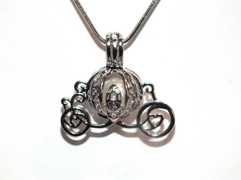 Pearl Cage Carriage Silver Plated Charm Necklace Princess Cinderella Pick A Pearl or Wish Pearl Epcot Pumpkin Locket image 7