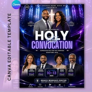 May include: A digital flyer template for a 15th Annual Holy Convocation event. The design features a purple and blue background with a church interior, a glowing cross, and portraits of six individuals. Text includes event dates, names, and location.
