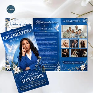 Könnte beinhalten: Eine Trauerprogramm-Vorlage mit tiefblauem Hintergrund, weißen Blumenakzenten und einer weißen Taube. Die Vorderseite zeigt ein Porträt einer Person im blauen Blazer, den Text "CELEBRATING the life of Richard ALEXANDER" und Daten.