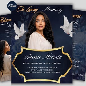 May include: A funeral programme template featuring a dark blue background with white roses, two white doves, and a central portrait of a person. The text reads In Loving Memory, Anna Marrie, December 12th, 1960 – March 20th, 2024, and Eternal Love Church.