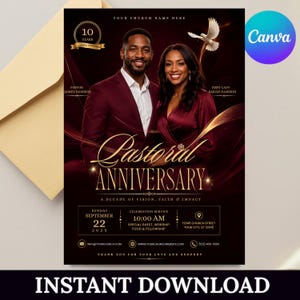 May include: A dark burgundy flyer for a pastoral anniversary featuring a man in a suit and a woman in a dress. Text includes Pastor James Dawson, First Lady Sarah Dawson, Pastoral Anniversary, A Decade of Vision, Faith & Impact, and event details.