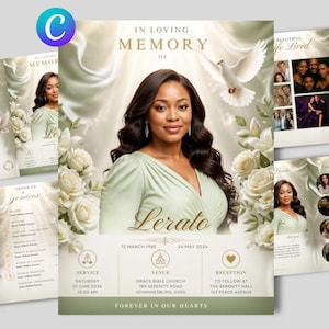 May include: A funeral program template featuring a portrait of a woman in a light green dress, surrounded by white roses and a flying dove. The text reads In Loving Memory of Lerato, 12 March 1985 to 24 May 2024, with service details included.