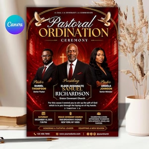 Pastoral Jubiläum Canva Vorlage, bearbeitbares Canva Kirchenprogramm, Pastor Feier, Rotgold Kirchenflyer, Sofort Download
