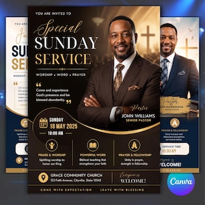 May include: A flyer for a Special Sunday Service on May 18, 2025, at 10:00 AM at Grace Community Church. It features a portrait of Pastor John Williams in a brown suit, with text detailing worship, word, and prayer, plus church address information.