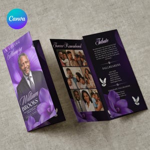 Könnte beinhalten: Eine dreifach gefaltete Trauerprogramm-Vorlage mit violettem Blumendesign. Die Vorderseite zeigt ein Porträt von William Brooks mit dem Text In Loving Memory. Die Innenseiten enthalten Fotocollagen, einen Nachruf und Listen der Sargträger.