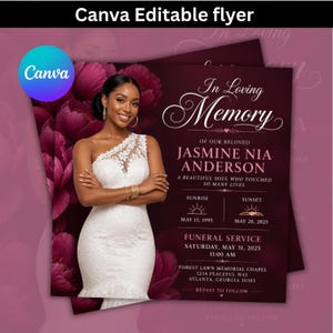 Könnte beinhalten: Eine Vorlage für einen Trauerflyer mit dunkelburgunderfarbenem Hintergrund und tiefroten Blumenakzenten. Der Text lautet In Loving Memory of our beloved Jasmine Nia Anderson, inklusive Geburts- und Sterbedaten sowie Details zur Trauerfeier.