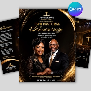 Puede incluir: Un folleto de evento en negro y dorado para el 15º Aniversario Pastoral de la New Horizons Christian Church. Presenta un retrato de la Dra. Jacqueline y el Dr. Kevin Williams, con texto que detalla las fechas del 20 al 22 de junio de 2025.