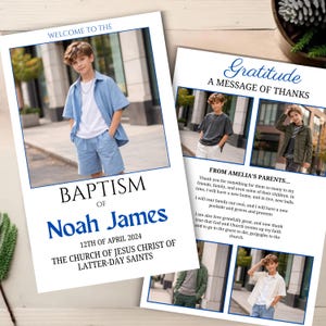 May include: A baptism announcement card for Noah James featuring a photograph of a boy in a blue shirt and shorts, with the text "Welcome to the Baptism of Noah James 12th of April 2024 The Church of Jesus Christ of Latter-Day Saints" and a gratitude card.