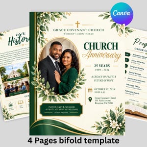 May include: A four-page bifold church anniversary program template featuring a cream background with dark green accents and floral illustrations. The cover displays a photo of a couple, the text Grace Covenant Church, 25 Years, and event details.