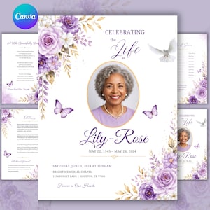 Peut inclure: Un modèle de programme funéraire avec des roses violettes, des papillons et une colombe blanche. Le texte indique Celebrating the Life of Lily-Rose, May 22, 1945 – May 28, 2024, Saturday, June 1, 2024 at 11:00 AM, Bright Memorial Chapel, 1234 Sunset Lane, Houston, TX 77000.