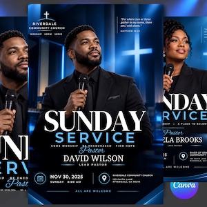 Puede incluir: Un folleto en tonos azules para Riverdale Community Church con el pastor David Wilson sosteniendo un micrófono. El texto incluye Sunday Service, 30 de nov. de 2025, 8:00 a. m. y la dirección 123 Faith Lane, Riverdale, CA 90210. Una cruz se ve al fondo.