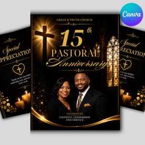 May include: A flyer for Grace & Truth Church celebrating a 15th Pastoral Anniversary. It features a black background with gold text, a glowing cross, and a photograph of a couple. The text reads Celebrating Faithful Leadership and Service.