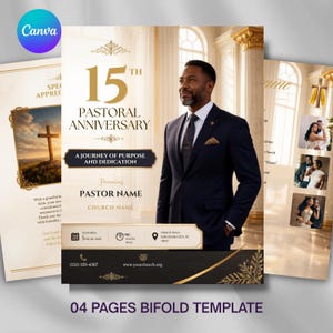 Op de afbeelding: Een 15-jarig pastoraal jubileum bifold-sjabloon met een portret van een persoon in een donker pak, gouden tekst 15th Pastoral Anniversary, A Journey of Purpose and Dedication, en tijdelijke aanduidingen voor evenementdetails en kerknaam.