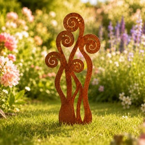 Rostig metallträdgårdspåke, spiralformad Fiddlehead-trädgårdskonst, skogsträdgårdsdekor, botanisk utomhusskulptur, 15 tum