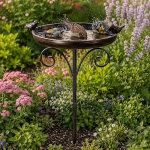 May include: A dark brown metal birdbath with a circular basin and a slender pedestal featuring decorative scrollwork. Several small birds are bathing in the water, creating splashes. The basin is adorned with small bird figurines on the rim.