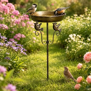 Könnte beinhalten: Eine bronzefarbene Vogeltränke aus Metall mit einem runden Becken, das auf einem dünnen Ständer mit zwei dekorativen Vogelfiguren auf geschwungenen Verzierungen ruht. Zwei kleine Vögel trinken aus dem Becken, ein dritter steht daneben.