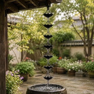 Cadena de lluvia tipo paraguas, decoración de canalón de metal negro para jardín rústico, fuente de agua exterior para porche, patio y jardín.