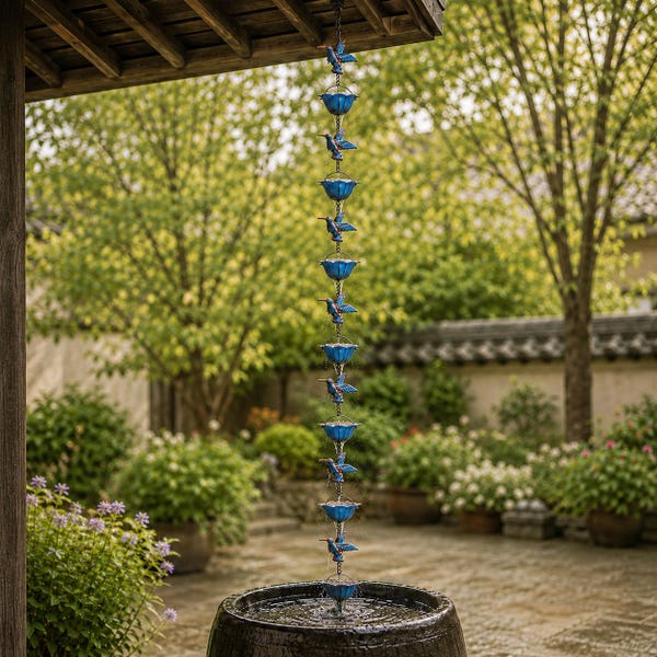 Hummingbird Rain Chain for Gutters, 94.5-Inch Metal Rain Catcher with 7 Birds & 7 Flower Cups, Outdoor Garden Water Feature
