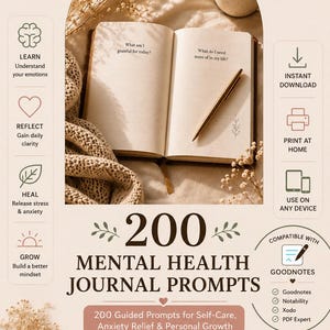 Peut inclure: Un journal ouvert avec des questions comme What am I grateful for today? et What do I need more of in my life? et un stylo doré, entouré de texte détaillant 200 Mental Health Journal Prompts, des modèles Canva et des icônes de compatibilité.