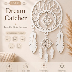 Peut inclure: Un motif numérique de capteur de rêves blanc découpé au laser avec une grande toile circulaire, une plus petite toile en dessous et cinq formes de plumes suspendues. Le texte inclut LOT 10, Dream Catcher, Laser Cut Digital Download et formats.
