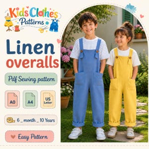 Kids Linen Overalls PDF Sewing Pattern | Sizes 6M–10Y | Toddler & Child Dungaree Pattern | Bib Overalls