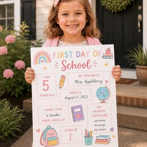 May include: A rectangular white sign with pastel-coloured graphics and text reading First Day of School, I am 5 years old, My teacher is Mrs. Appleberry, Today is August 17, 2023, I want to be a teacher, Class of 1, and My favourite things are unicorns, drawing, ice cream.