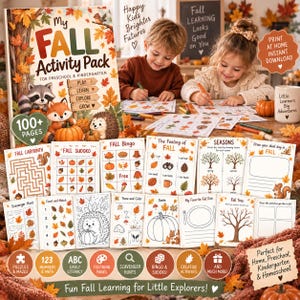 Könnte beinhalten: Ein druckbares Herbst-Aktivitätenpaket für Vorschule und Kindergarten mit einem Cover, das einen Waschbären, einen Fuchs und einen Igel zeigt. Das Set enthält Arbeitsblätter für Labyrinthe, Bingo, Sudoku, Zählen und Ausmalen mit Herbstblättern.