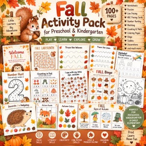 Peut inclure: Un pack d'activités d'automne pour la maternelle et le jardin d'enfants comprenant plus de 100 pages de feuilles de travail, puzzles et cartes à tracer. La collection inclut des thèmes comme le comptage, le coloriage, le bingo et le sudoku, ornés de feuilles d'automne et d'animaux des bois.