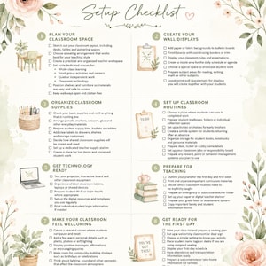 Könnte beinhalten: Eine Checkliste für die Klassenzimmereinrichtung auf weißem Hintergrund mit Blumenbordüren. Das Dokument enthält acht nummerierte Abschnitte mit Kontrollkästchen für die Planung von Raum, Wandgestaltung, Materialien, Routinen und Vorbereitung.