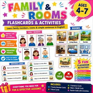 Könnte beinhalten: Lernkarten und Aktivitäten mit dem Titel Family & Rooms für Kinder von 4-7 Jahren. Das Set enthält illustrierte Karten von Familienmitgliedern, Räumen und Sätzen zum Englischlernen. Beinhaltet Wahr-oder-Falsch-Marker und Anleitungen.