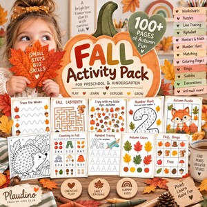 Könnte beinhalten: Ein Herbst-Aktivitätspaket für Vorschule und Kindergarten mit über 100 Seiten an Lernblättern, Rätseln und Spielen. Das Set enthält Übungen zum Nachspuren, Zählen, Alphabet und Ausmalen mit herbstlichen Illustrationen von Blättern, Füchsen und Igeln.