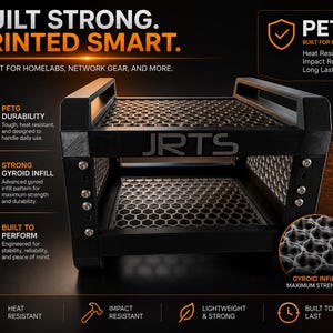 May include: A black PETG 3D printed rack with a honeycomb structure and the text JRTS on the front. The rack features a gyroid infill pattern for durability. Text on the image includes BUILT STRONG. PRINTED SMART. PETG, PETG DURABILITY, STRONG GYROID INFILL, BUILT TO PERFORM, HEAT RESISTANT, IMPACT RESISTANT, LIGHTWEIGHT & STRONG, BUILT TO LAST, and GYROID INFILL MAXIMUM STRENGTH.