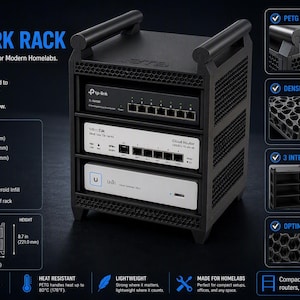 May include: A black 3U network rack with a honeycomb side panel design, measuring 7.0 inches wide, 8.7 inches high, and 6.0 inches deep. The open-frame rack holds three network devices, including a TP-Link switch, a MikroTik router, and a Ubiquiti gateway.