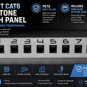 JRTS 1U Cat6 8 Port Patch Panel - Includes Cat6 RJ45 Keystone Jacks