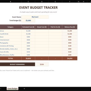 May include: An Event Budget Tracker spreadsheet template with a brown header and white cells. It includes fields for Event Name, Total Budget, and a table with columns for Category, Estimated Cost, Actual Cost, Paid So Far, and Balance Due in dollars.