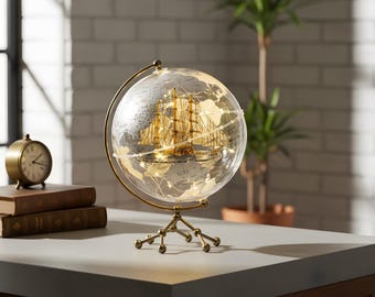 Illuminated World Globe Decor with Sailing Ship, Vintage Desk Ornament, Ambient Lighting