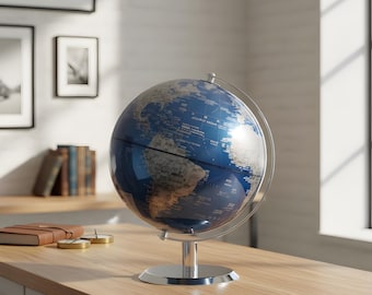 Blue Silver Modern Desk Globe: Elegant Office Decor, Educational World Map