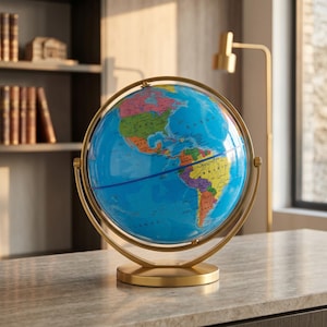 Bureaubladdecoratie wereldbol | Educatieve geografische wereldbol | Gouden standaard roterende aardbol | Cadeau bureaudecoratie