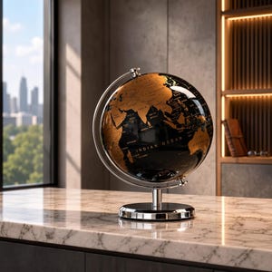 Zwartgouden roterende wereldbol | Modern bureaudecor, metalen standaard (18 cm hoog)