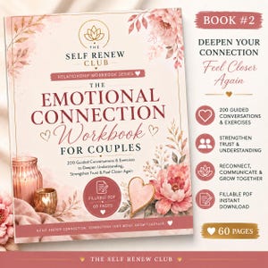 Peut inclure: Un cahier d'exercices intitulé The Emotional Connection Workbook for Couples par The Self Renew Club. La couverture présente des illustrations florales roses, une forme de cœur et du texte détaillant 200 conversations et exercices guidés.