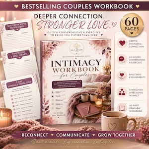 May include: A 60-page couples workbook titled Intimacy Workbook for Couples, featuring guided conversations and exercises. The cover displays floral accents, a bedroom scene, and text including "Deeper Connection. Stronger Love." and "The Self Renew Club."