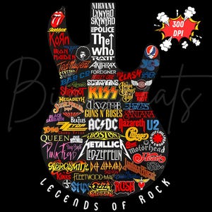 Rock Legends Guitar PNG | Classic Rock Band Logo Guitar Art | Music Wall Art Sublimation Design | rock and roll Clipart Digital Download png