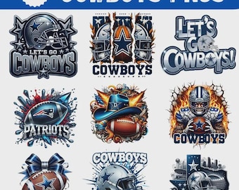 May include: A collection of 14+ digital PNG graphics featuring American football themes, including helmets, footballs, and stars in blue, silver, and white. Text elements include "LET'S GO COWBOYS", "COWBOYS", "PATRIOTS", and "DALLAS" displayed in various bold fonts.