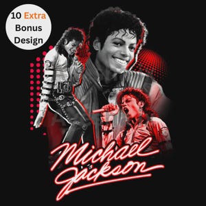 Michael Jackson Collage T-Shirt Design | King of Pop Vintage Graphic | Retro Red Neon Style PNG | Sublimation. (Only For Black T shirt)