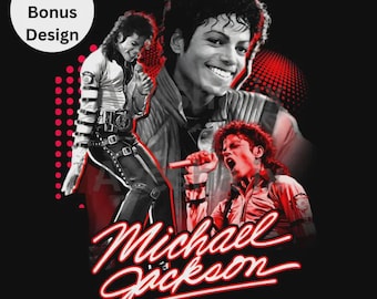 May include: A black t-shirt graphic featuring three illustrations of Michael Jackson in red and white tones. The design includes the text 10 Extra Bonus Design and the name Michael Jackson in a stylized red script font against a dark background.