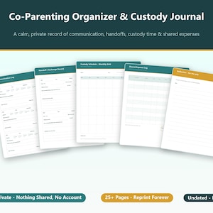 Könnte beinhalten: Ein Co-Parenting-Organizer und Sorgerechts-Journal mit fünf weißen Seiten mit türkisfarbenen und goldenen Kopfzeilen. Die Seiten enthalten ein Kommunikationsprotokoll, ein Übergabeprotokoll, einen Sorgerechtsplan und ein Ausgabenprotokoll.