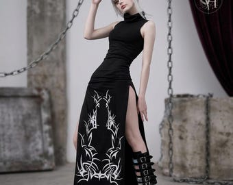 Black Tribal Print Sleeveless Maxi Dress, Dark Academia Goth Style
